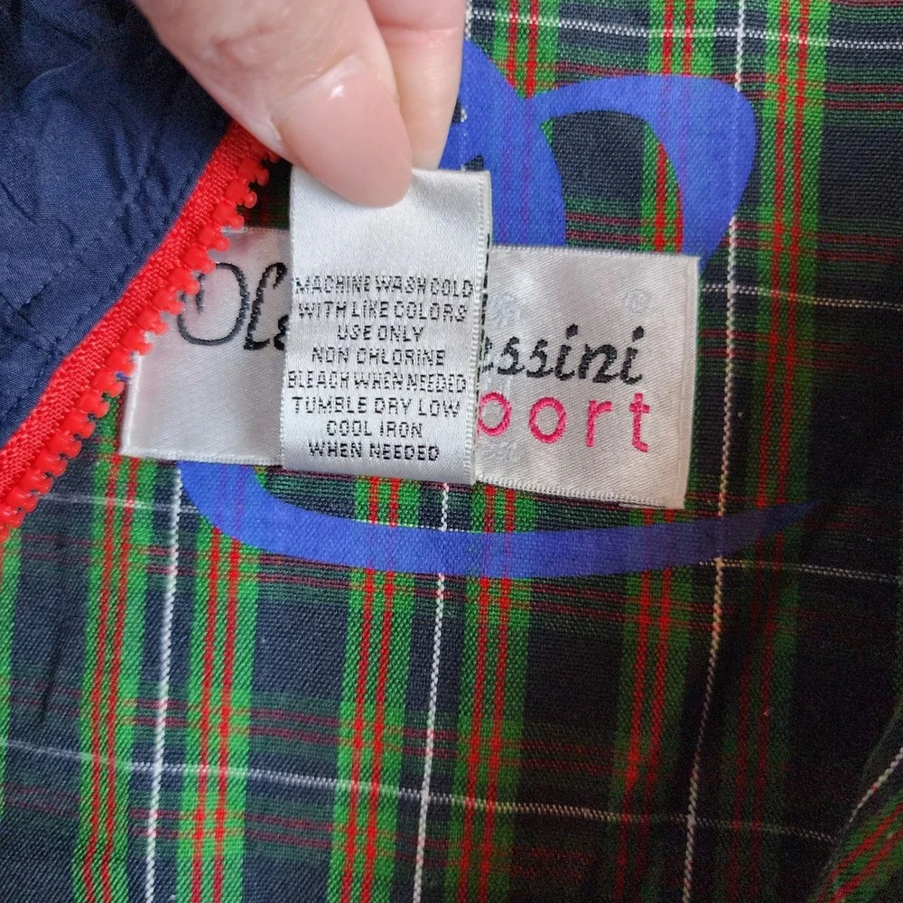 Oleg Cassini Sport Windbreaker Mens Medium Navy Blue Plaid Lined Vintage Jacket